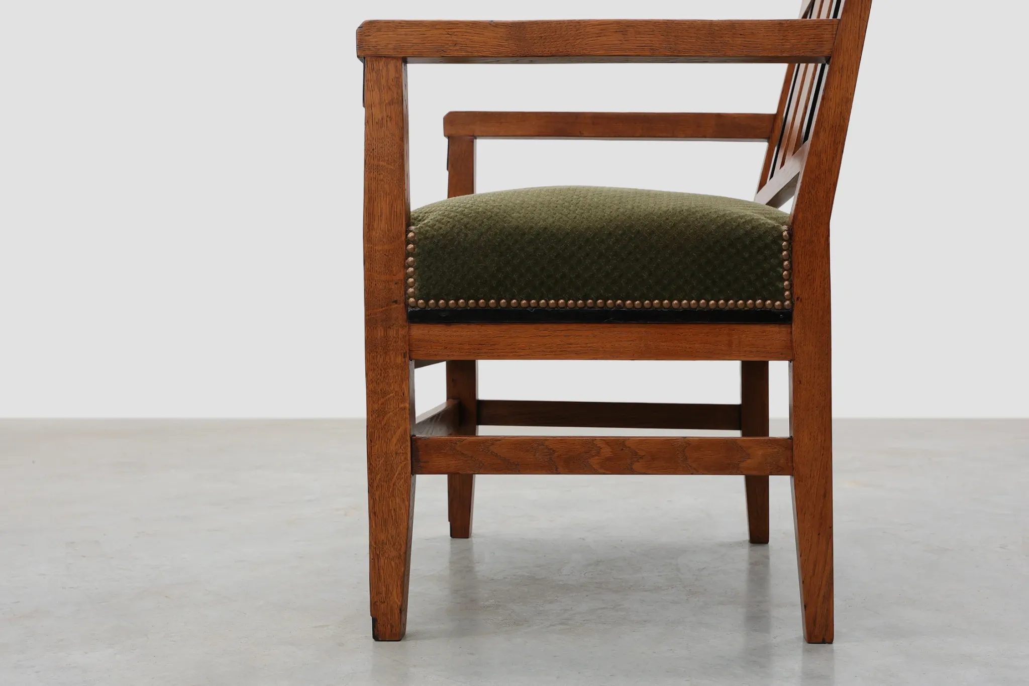 Amsterdamse School Oak Armchair with Green Velvet Seat, Netherlands, 1920s