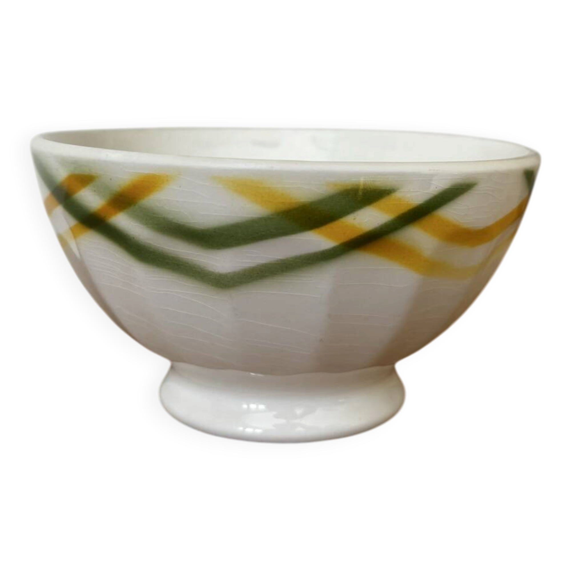 Ancien bol à facettes imprimé torchon jaune et vert