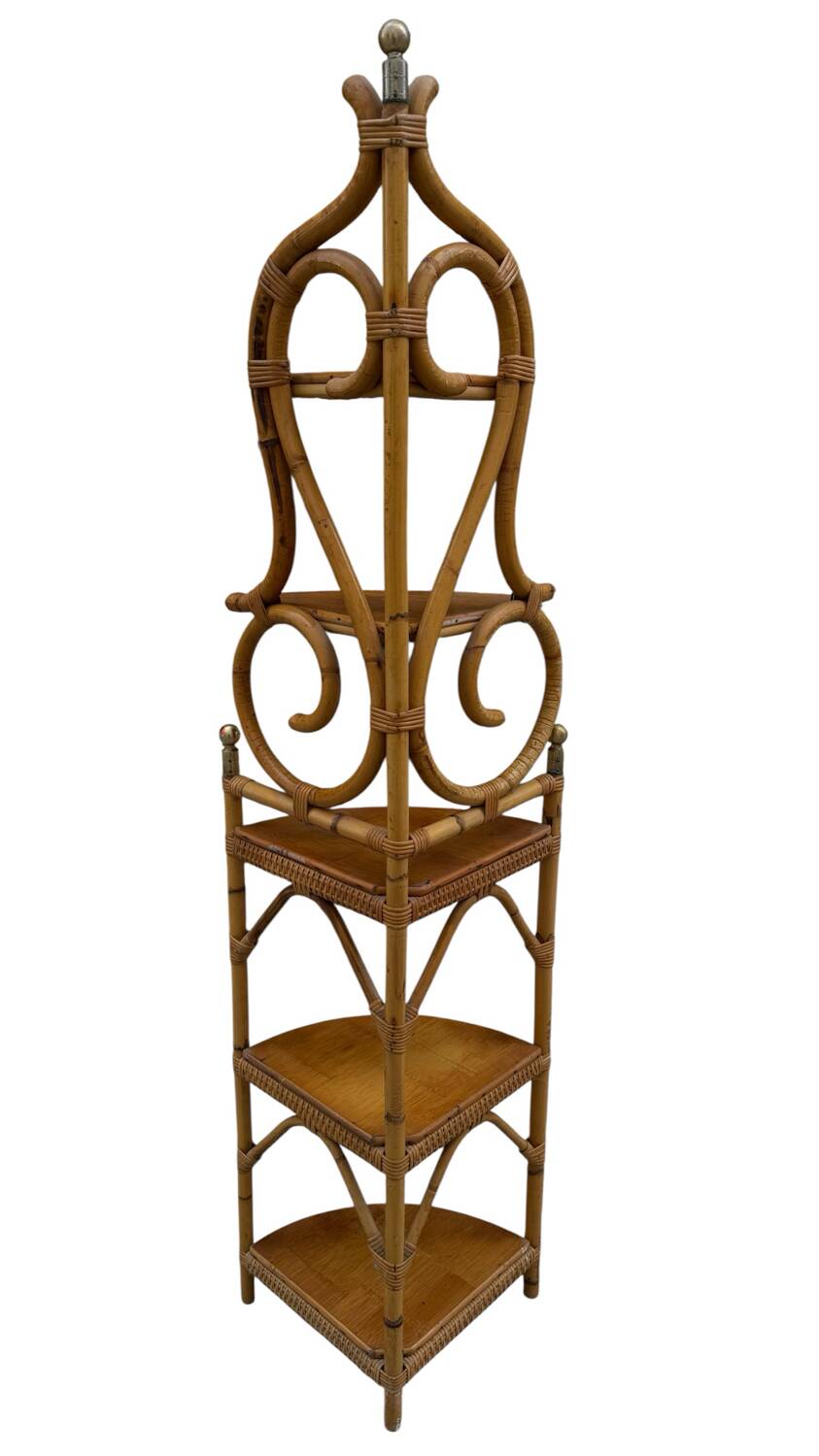 Magnificent 1960s French rattan corner shelf.