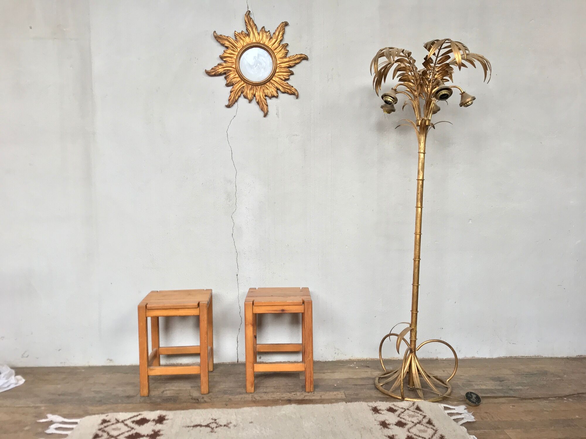 Pair Tabouret wears tripod plant solid wooden sofa tip 1950 Vintage furniture decoration