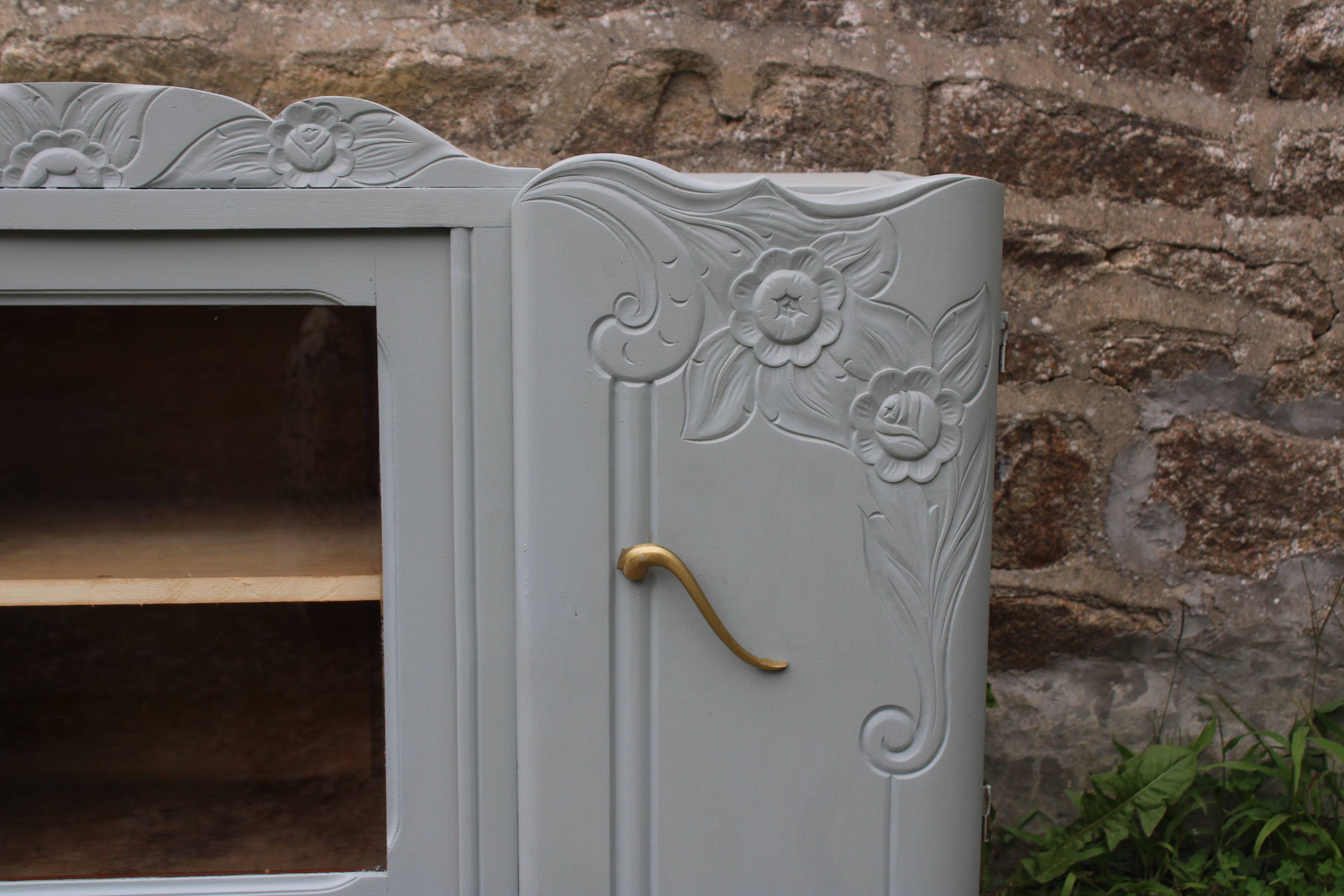 Renovated vintage low sideboard - Unique piece of furniture with floral moldings