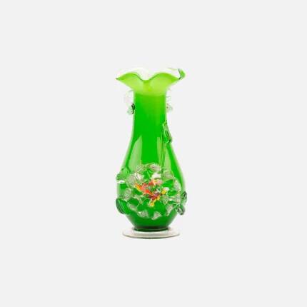 Excentric green blown glass vase with relief flowers Murano