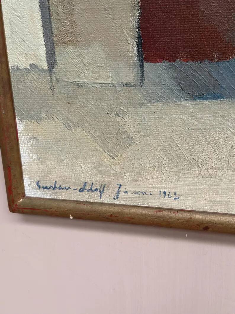 Large original Swedish oil on canvas - 'Blue Bottle and Books' by Gustav Adolf Johansson - 1962 - vintage and framed