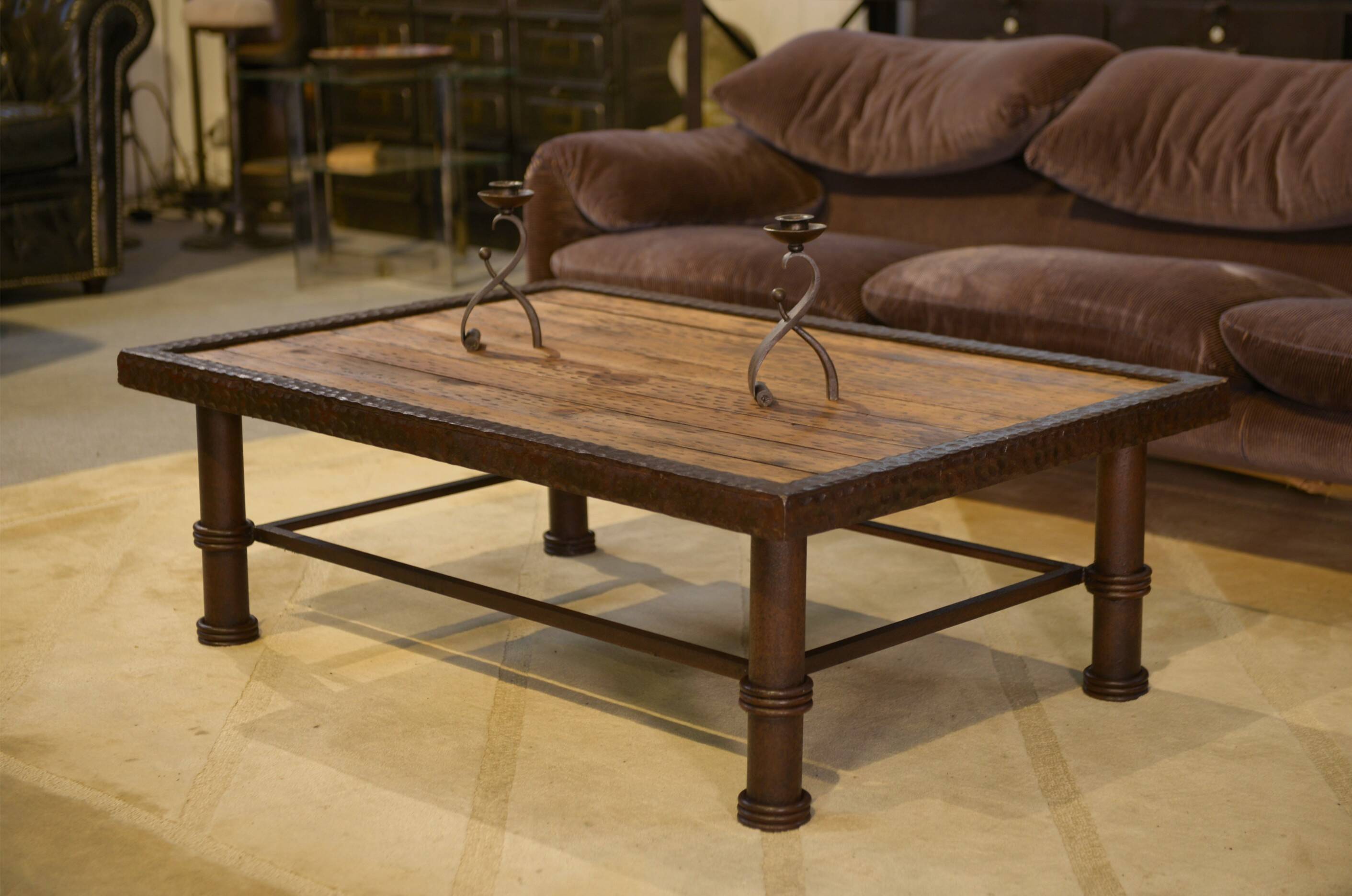 Table basse brutaliste bois et fer forgé 1960’s