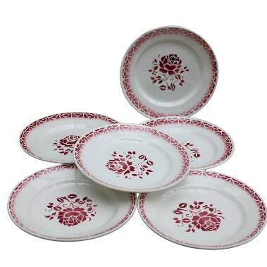 Ensemble de 6 assiettes Art Déco St Amand en grès rouge, motif "Nina"