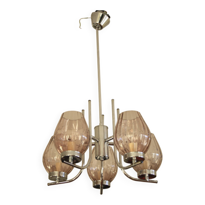 Lustre en metal chromé & verres ciselés