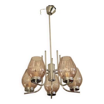 Chrome metal chandelier & cut glass shades