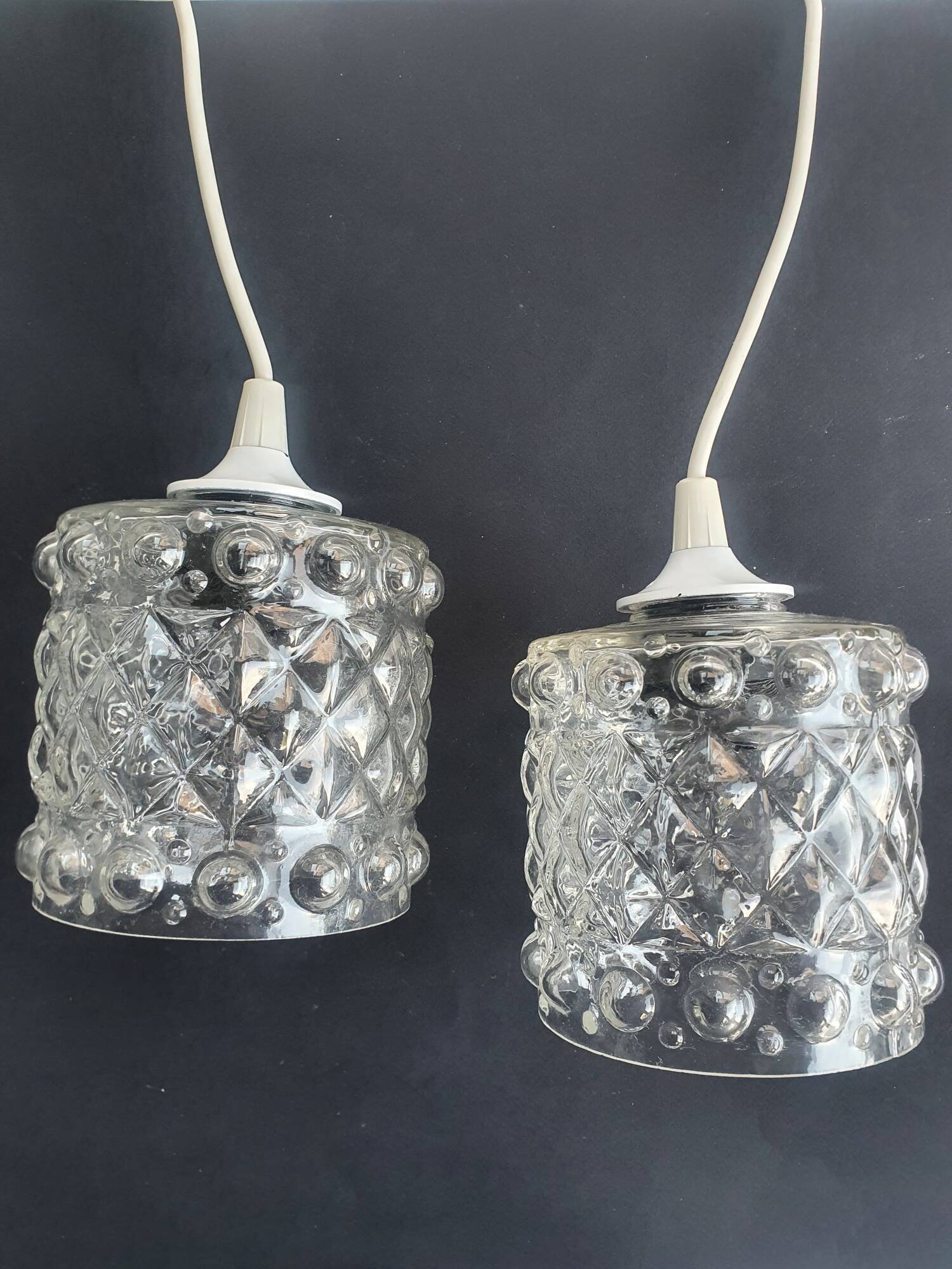 Pair of vintage 1970s glass pendant lights