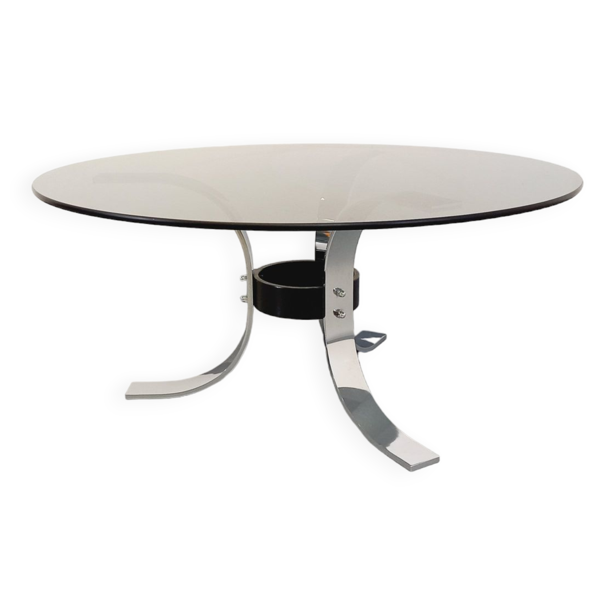 Vintage round coffee table in glass, chromed metal and black metal Space Age style of the 70s