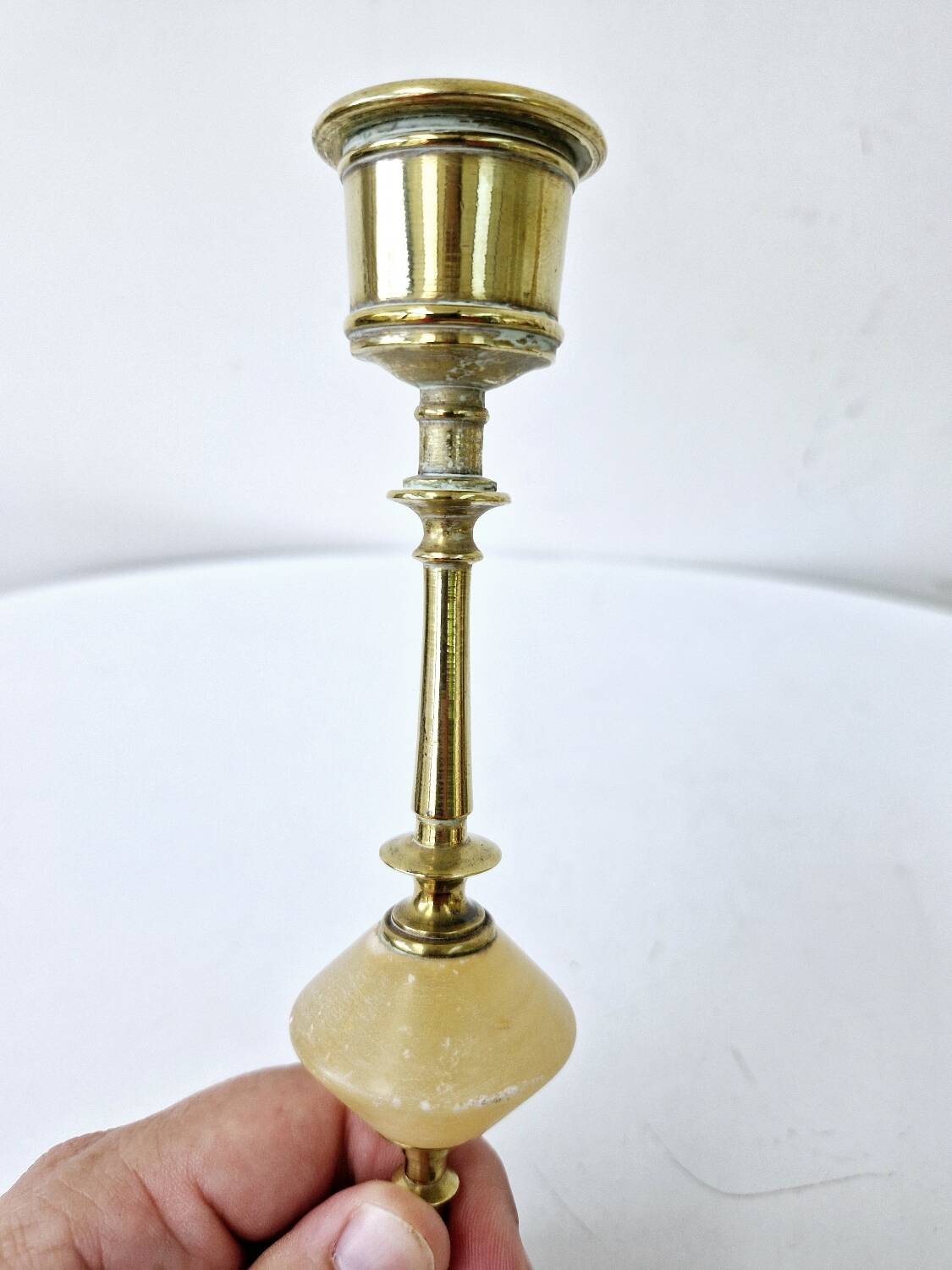 Pair Of Antique Candlesticks In Brass And Alabaster