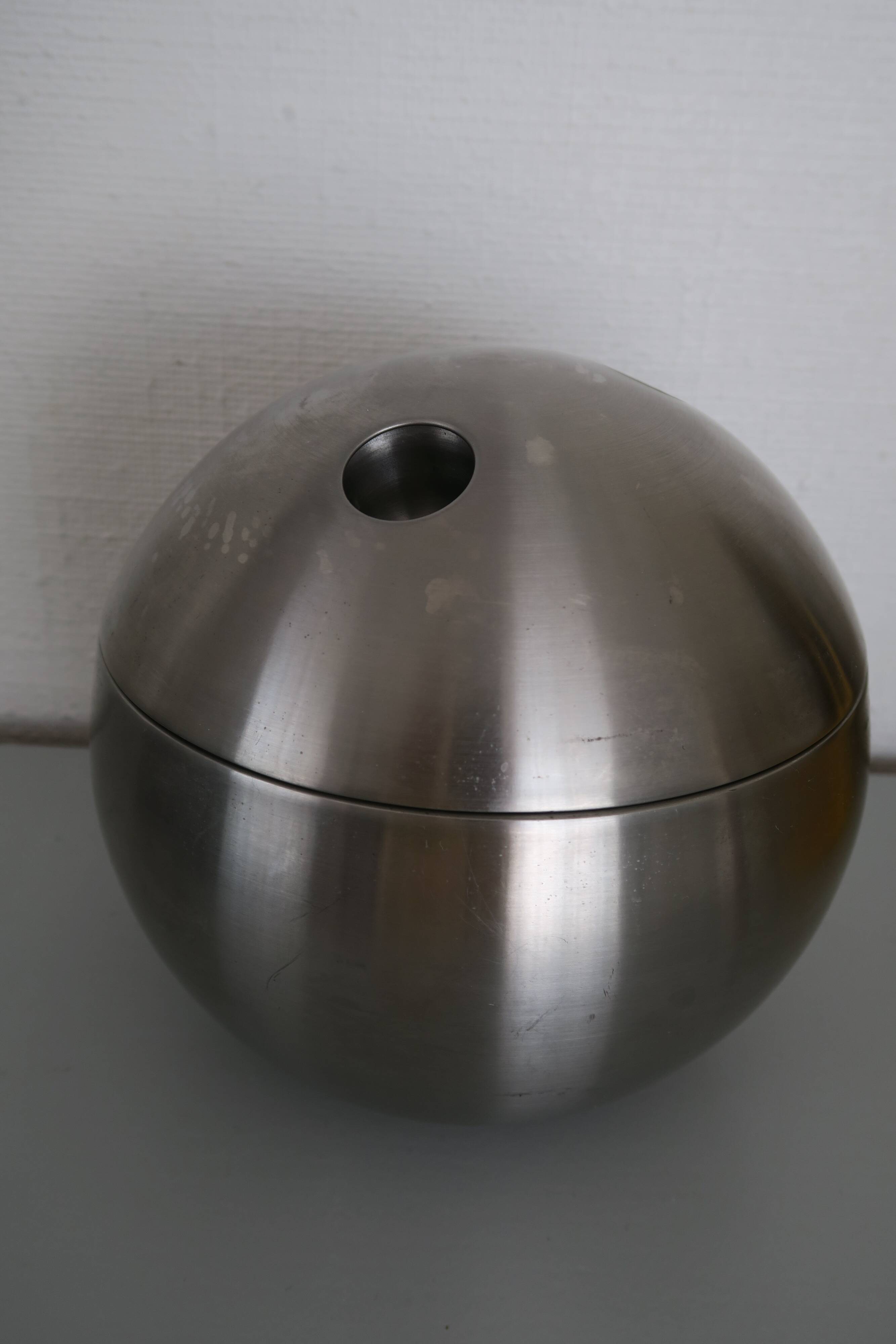 Brushed stainless steel ice bucket and shaker, 1970