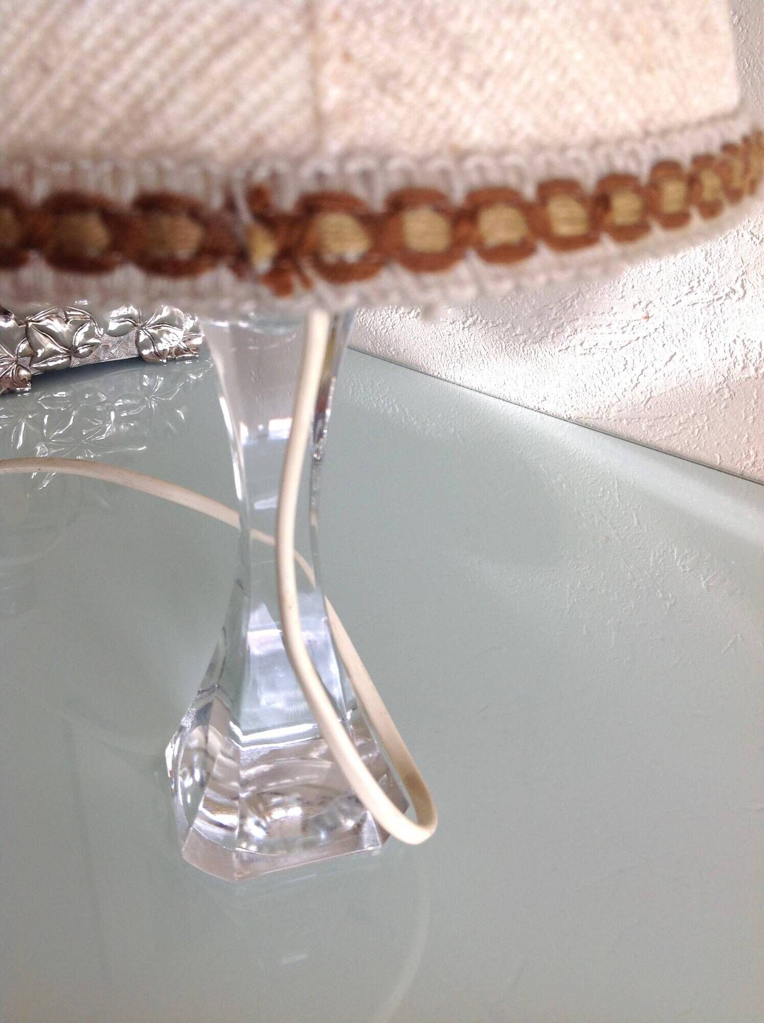 Bedside lamp with glass base and beige fabric lampshade / vintage 60s-70s