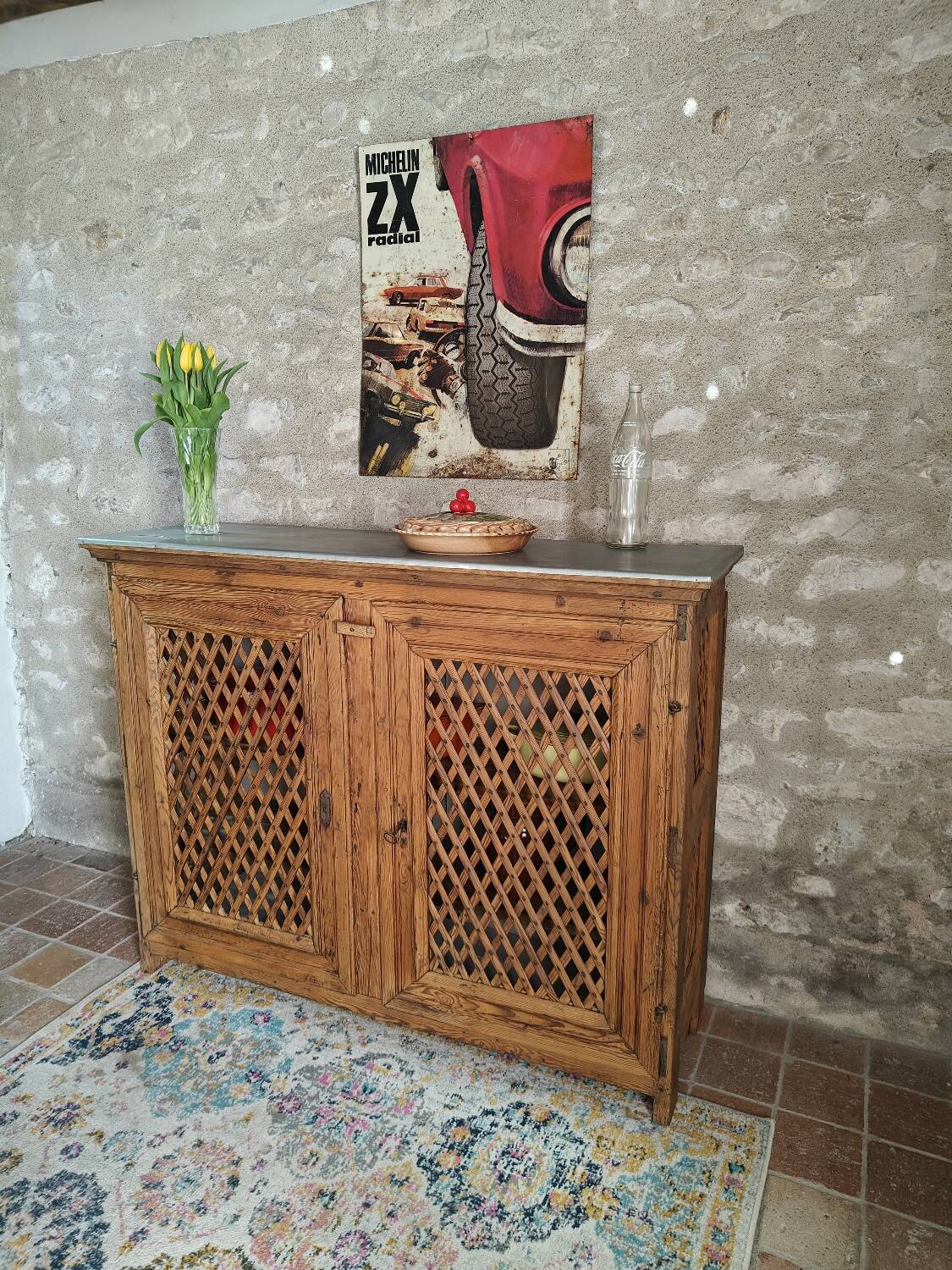 Antique solid pine sideboard with zinc top.
