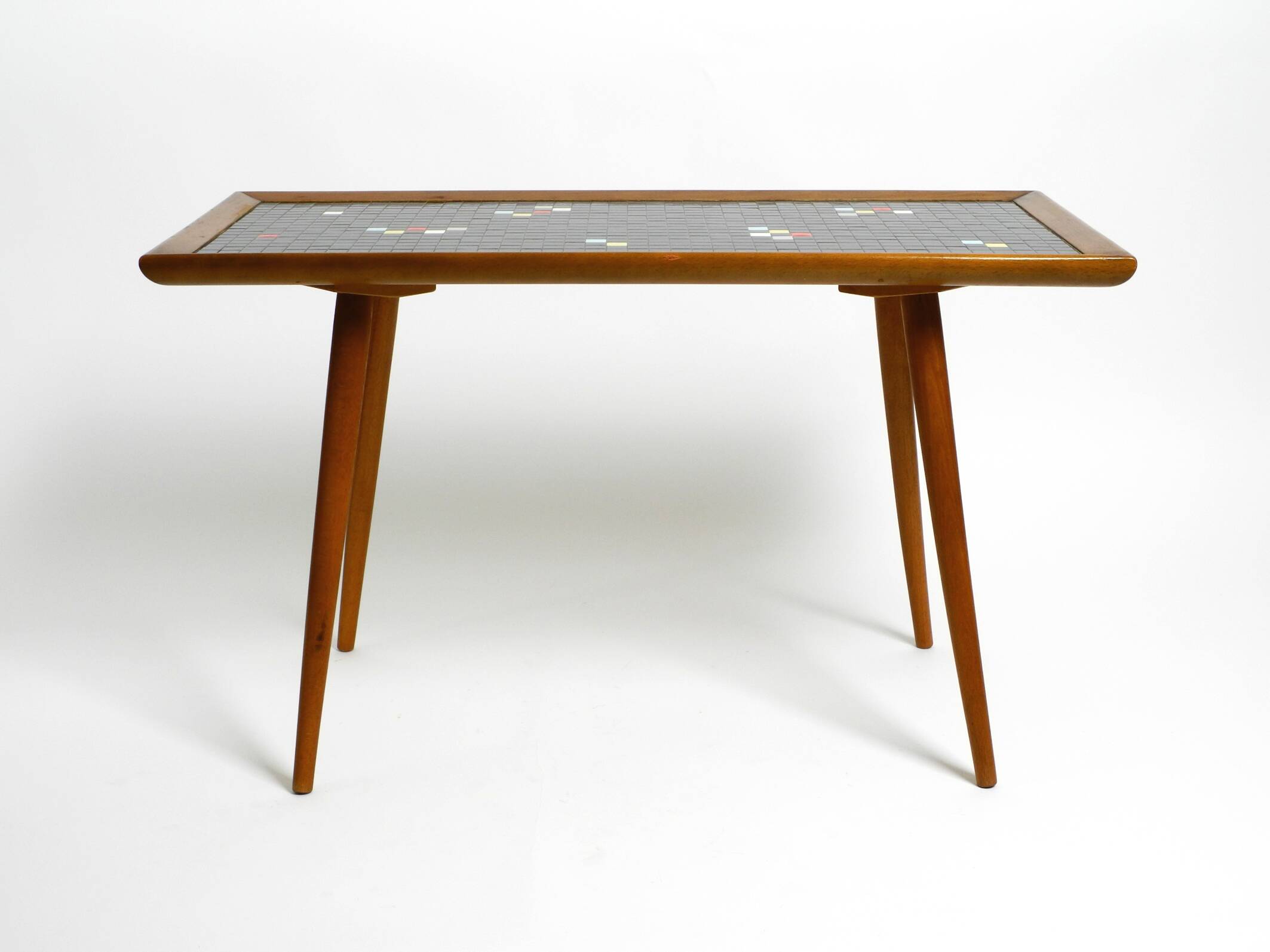 Beautiful long Mid Century walnut wood coffee table with a mosaic surface
