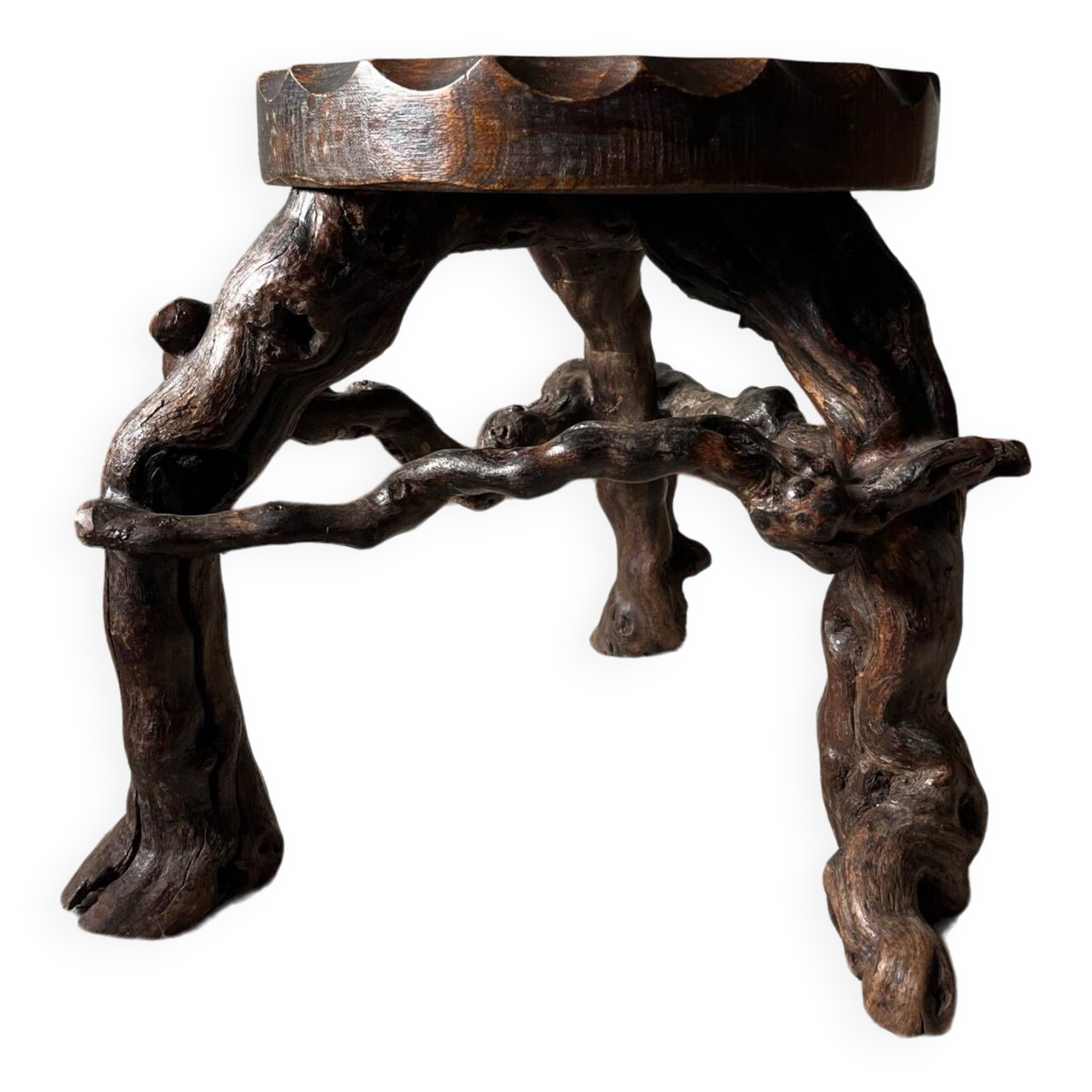 Brutalist tripod stool, vine legs, 1950s