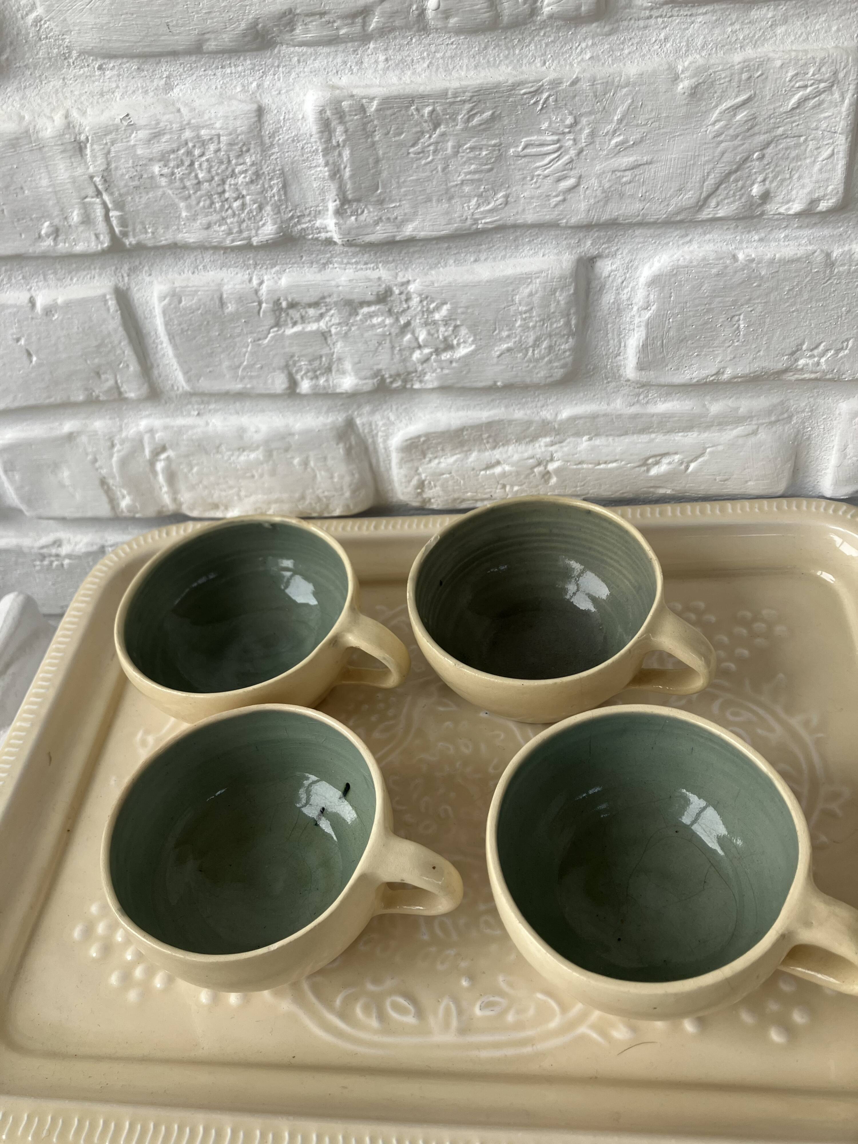 4 handcrafted beige & blue glazed earthenware cups