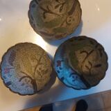 3 enameled brass cups with parrots