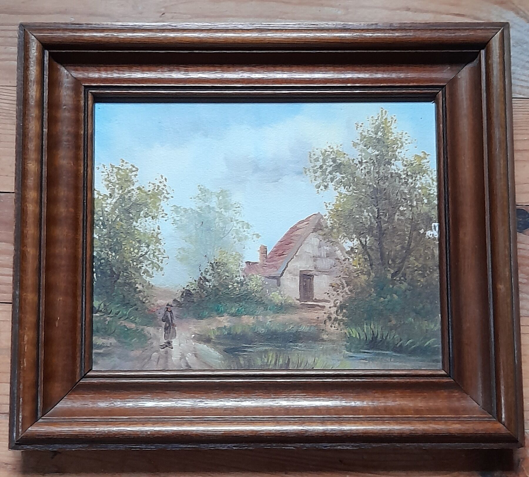 Old oil painting on canvas, country house, dark solid wood frame, mid-century