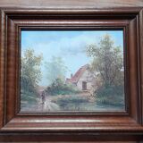 Old oil painting on canvas, country house, dark solid wood frame, mid-century