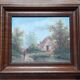 Old oil painting on canvas, country house, dark solid wood frame, mid-century