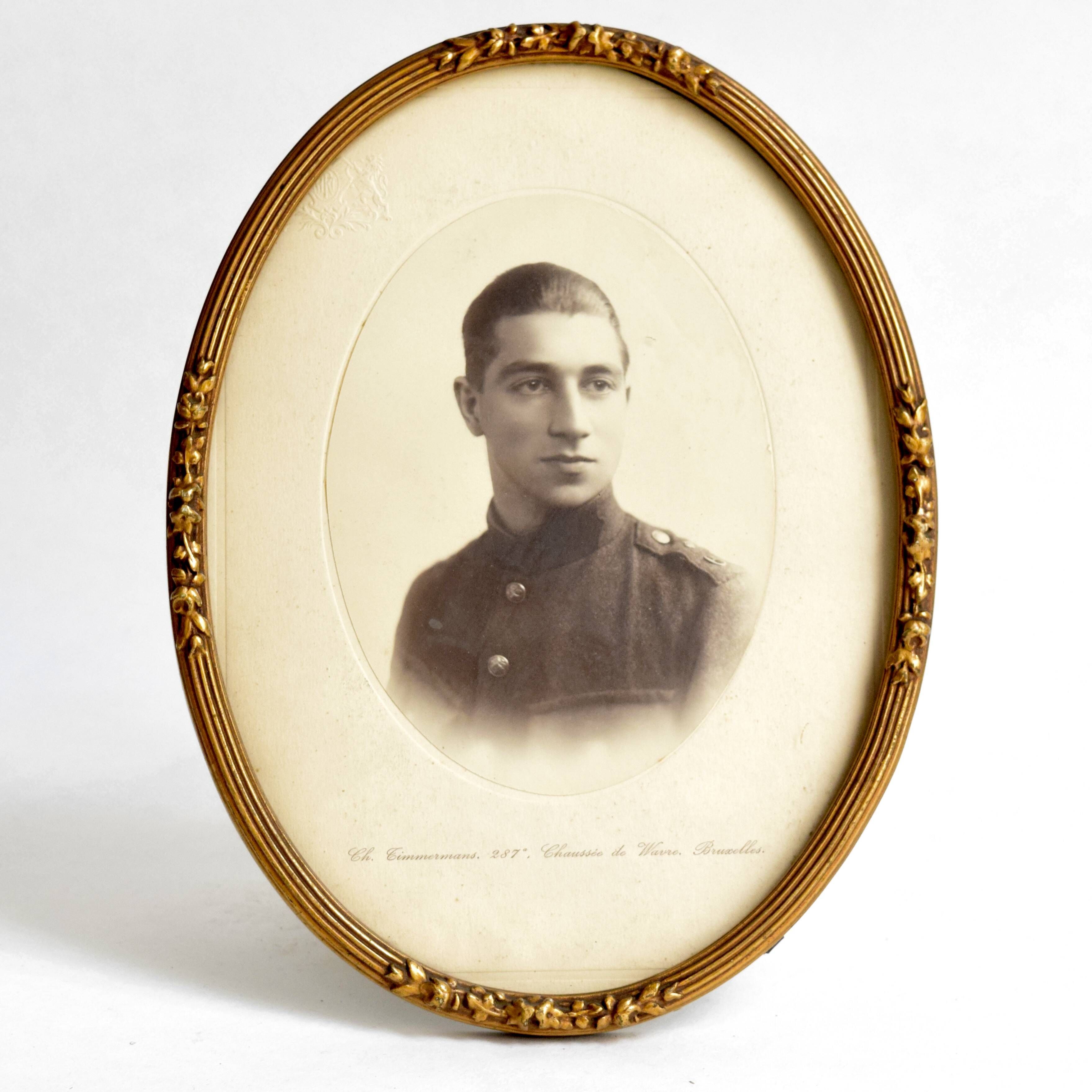 Antique art deco brass photographic frame - in memory of a young soldier - 1926