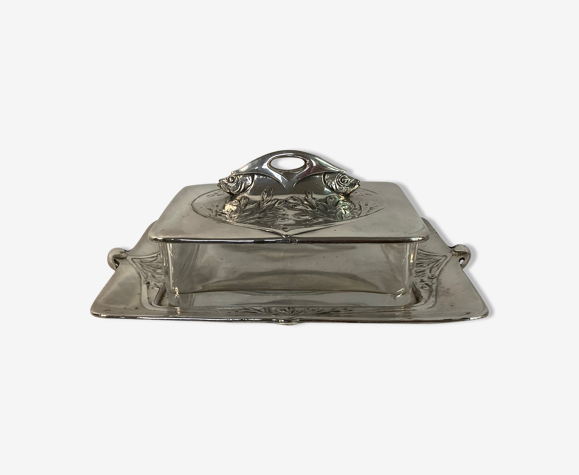 Beurrier en verre et métal argenté Gallia vers 1900