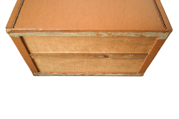 Malle bombée ancienne en bois et simili cuir marron