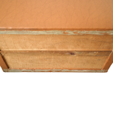 Malle bombée ancienne en bois et simili cuir marron