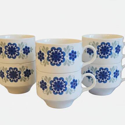6 porcelain coffee cups Mitterteich with blue floral pattern