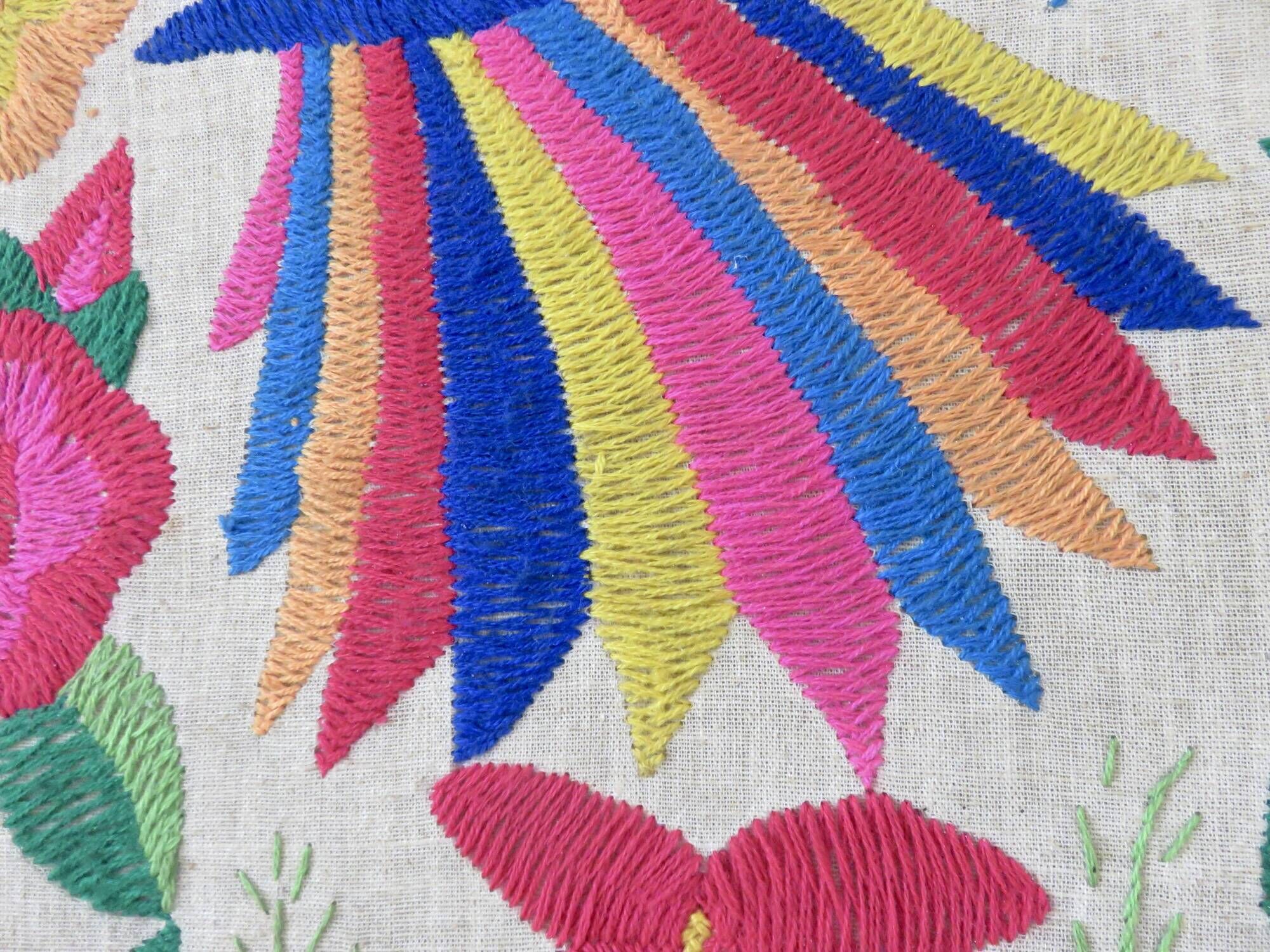 Large Mexican tapestry OTOMI TENANGO, colourful flowers and birds, 1970