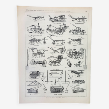 Old engraving 1898, Agriculture (preparation), farm, tools • Lithograph, Original plate