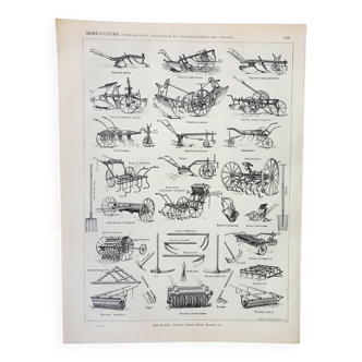 Gravure ancienne 1898, Agriculture (préparation), ferme, outils • Lithographie, Planche originale