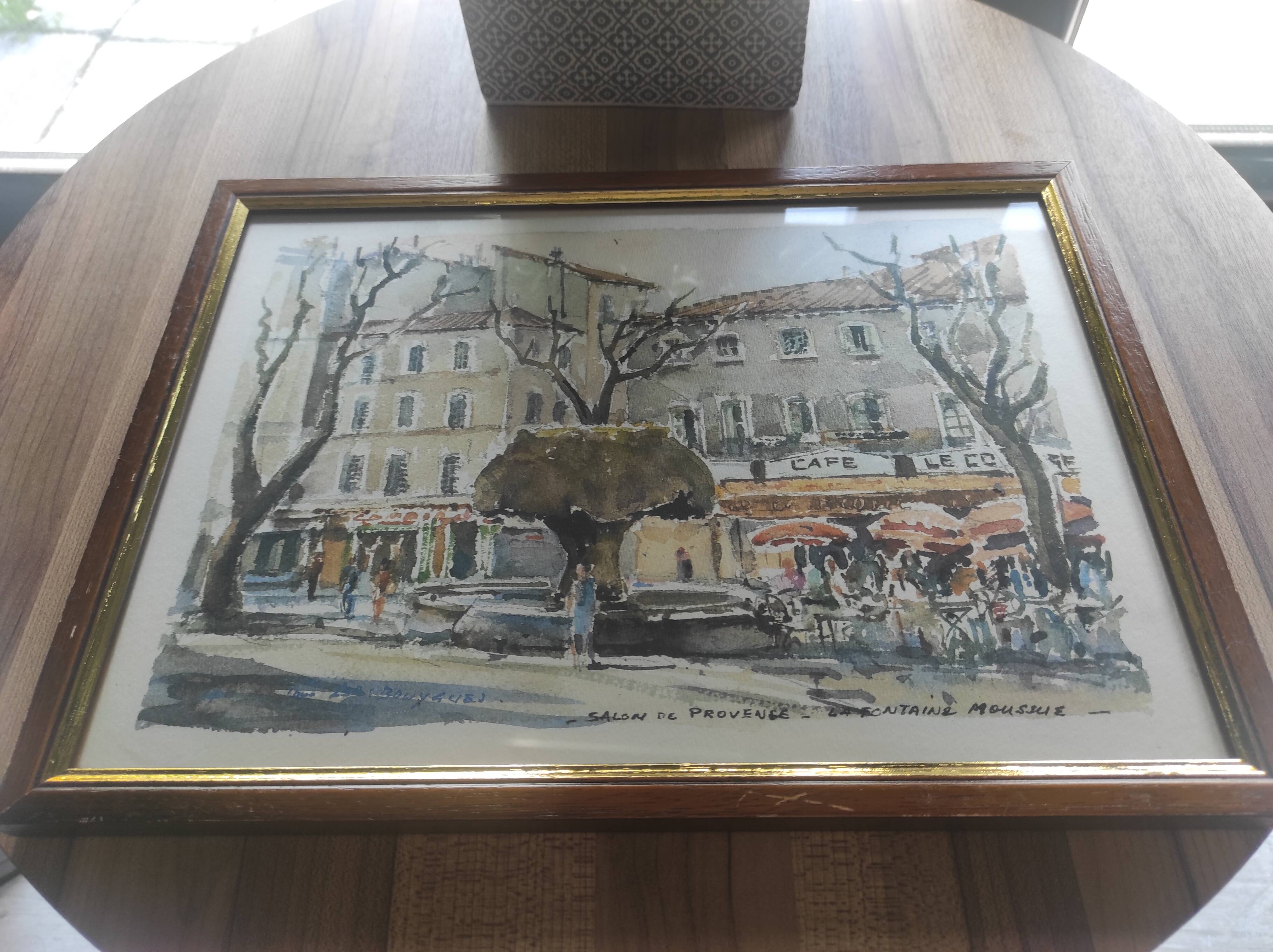 Framed watercolor "Salon de Provence-la Fontaine Moussue" by Louis Lasbouygues