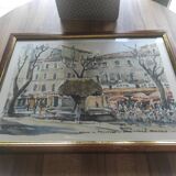 Framed watercolor "Salon de Provence-la Fontaine Moussue" by Louis Lasbouygues