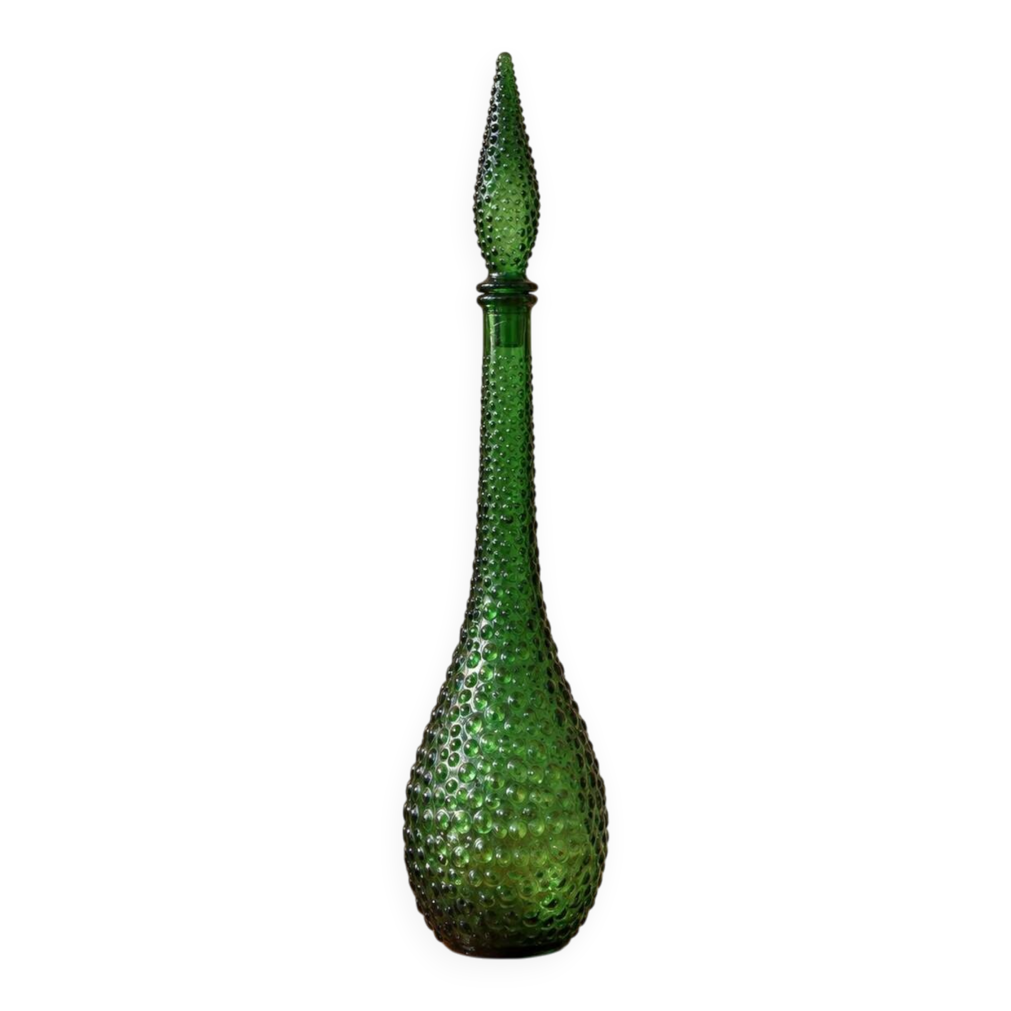 Large decorative vintage green glass carafe/bottle with relief – H57 cm