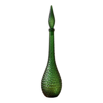 Large decorative vintage green glass carafe/bottle with relief – H57 cm