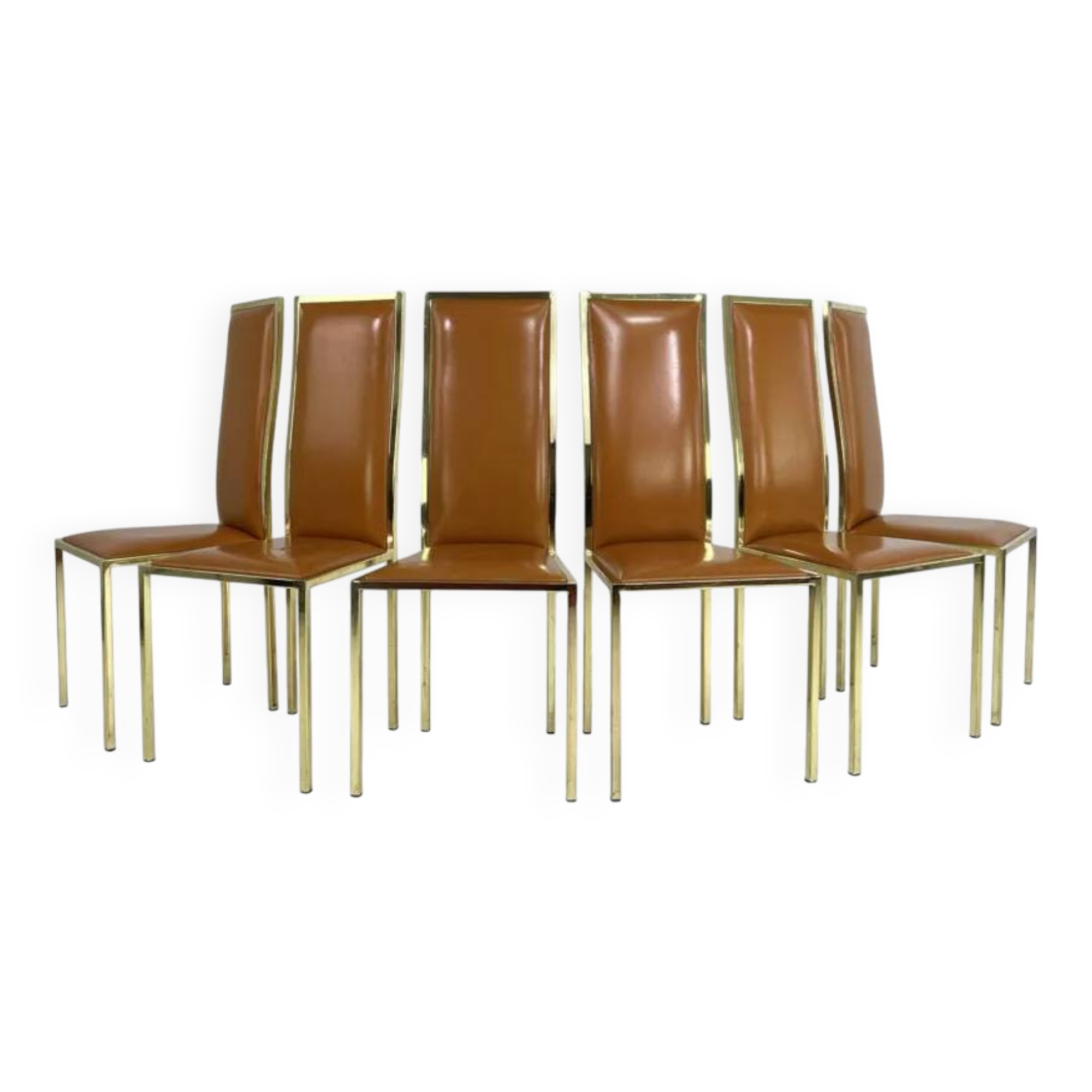 Set of 6 brass and leather chairs, Italian design from the 70s