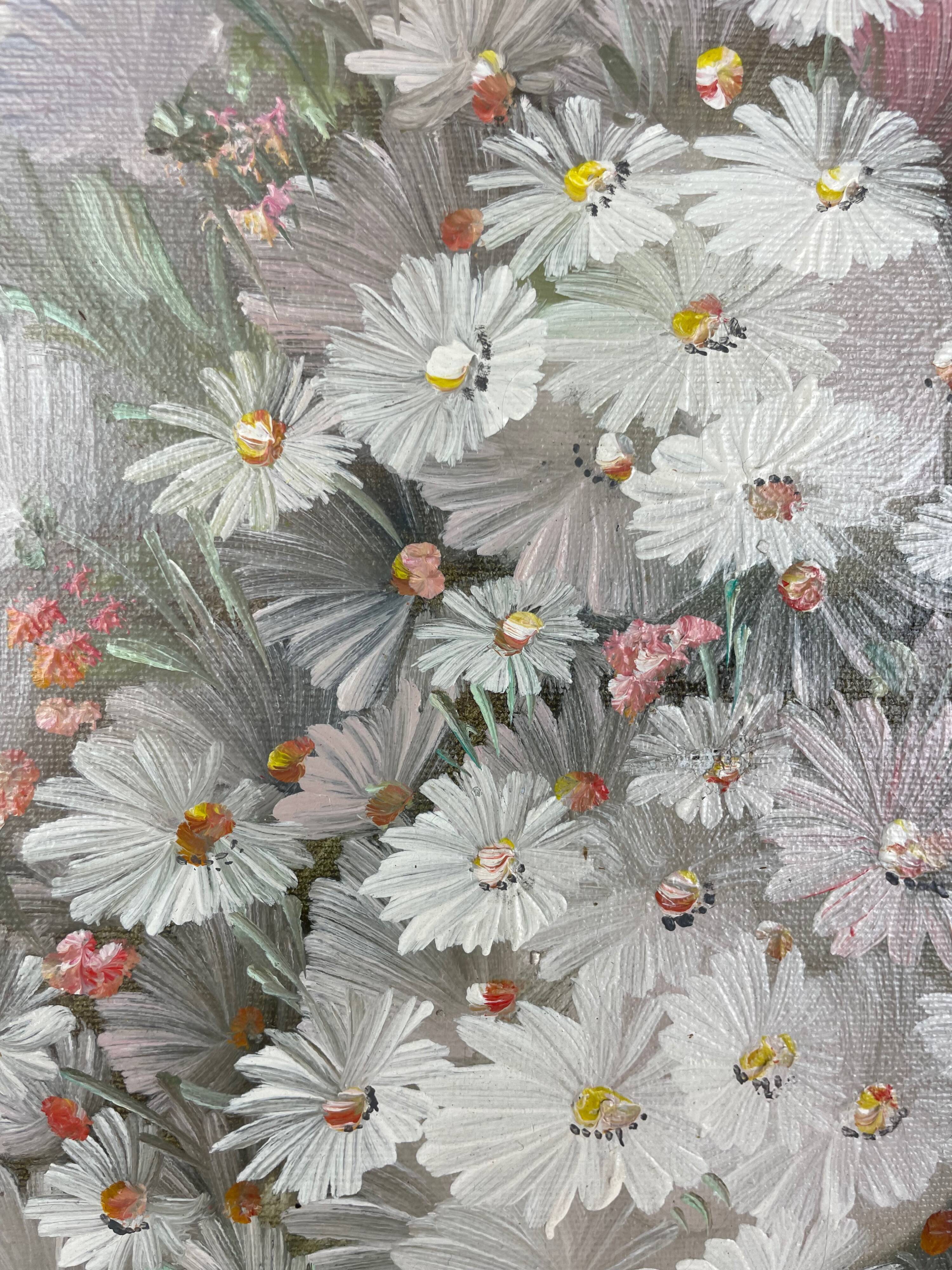 Oil painting still life daisies signed Nancy Lee