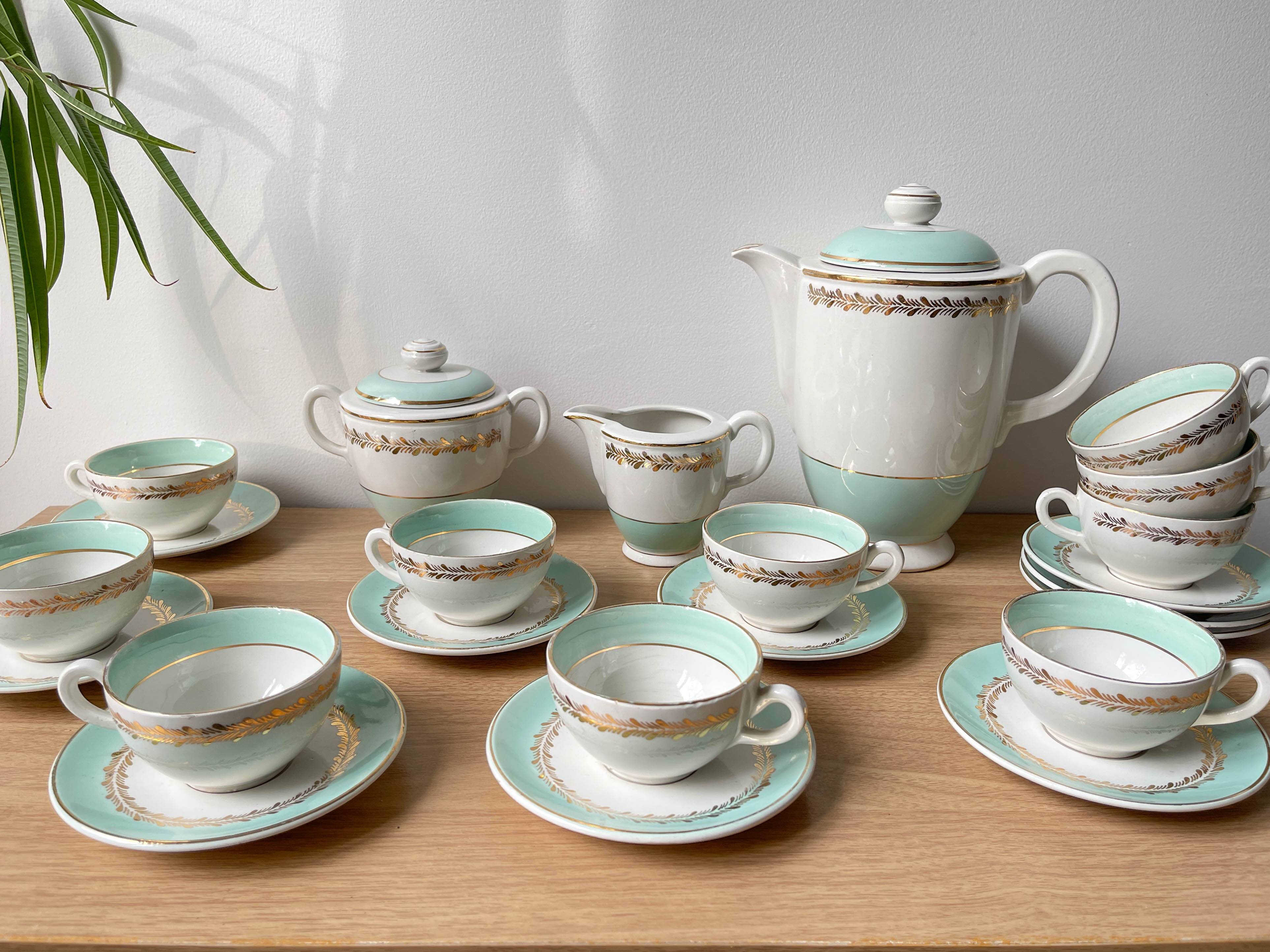 Vintage tea/coffee service in white green gold porcelain LUNEVILLE made in France