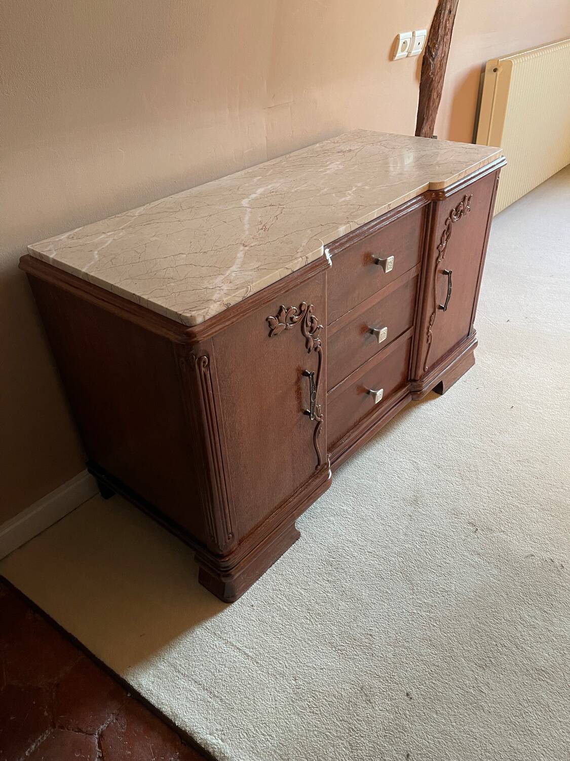 Wooden and beige marble chest of drawers