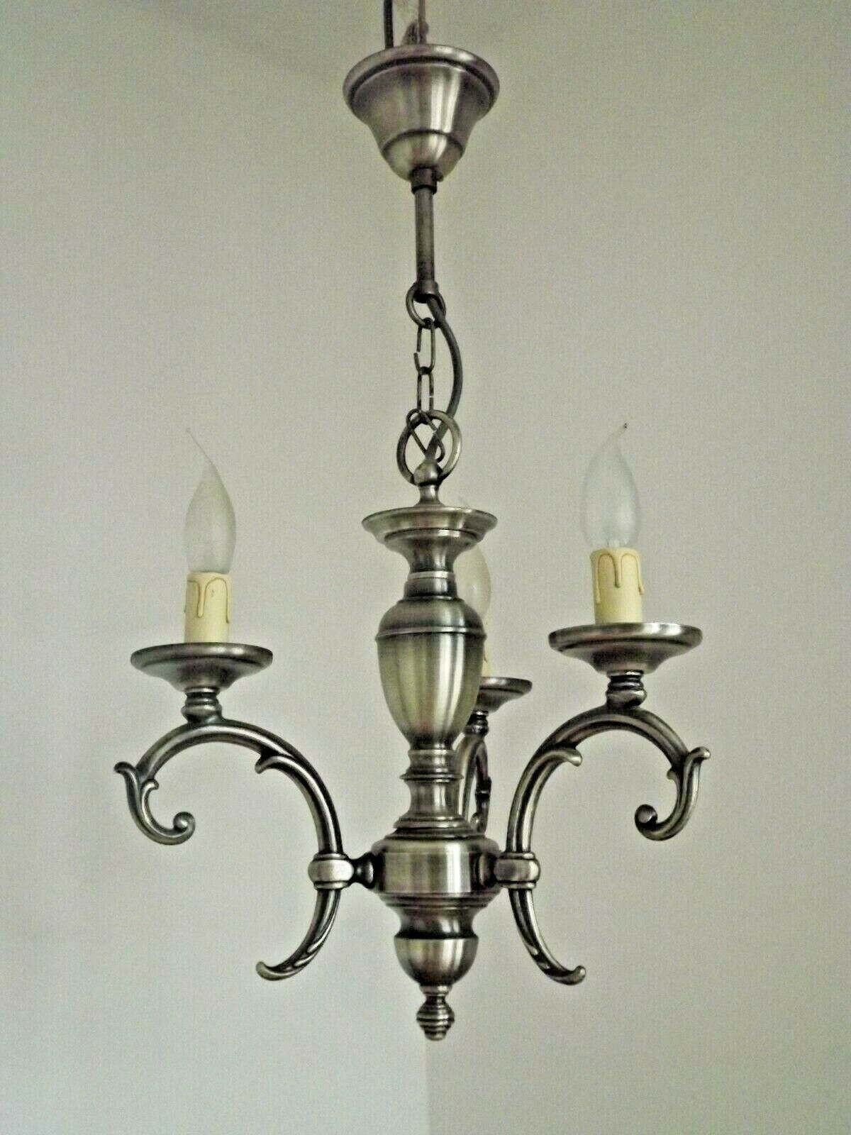 French brushed silver metal 3 light chandelier scroll leaf detail