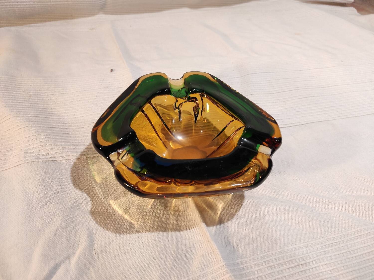 Murano green and yellow blown glass ashtray, 1970