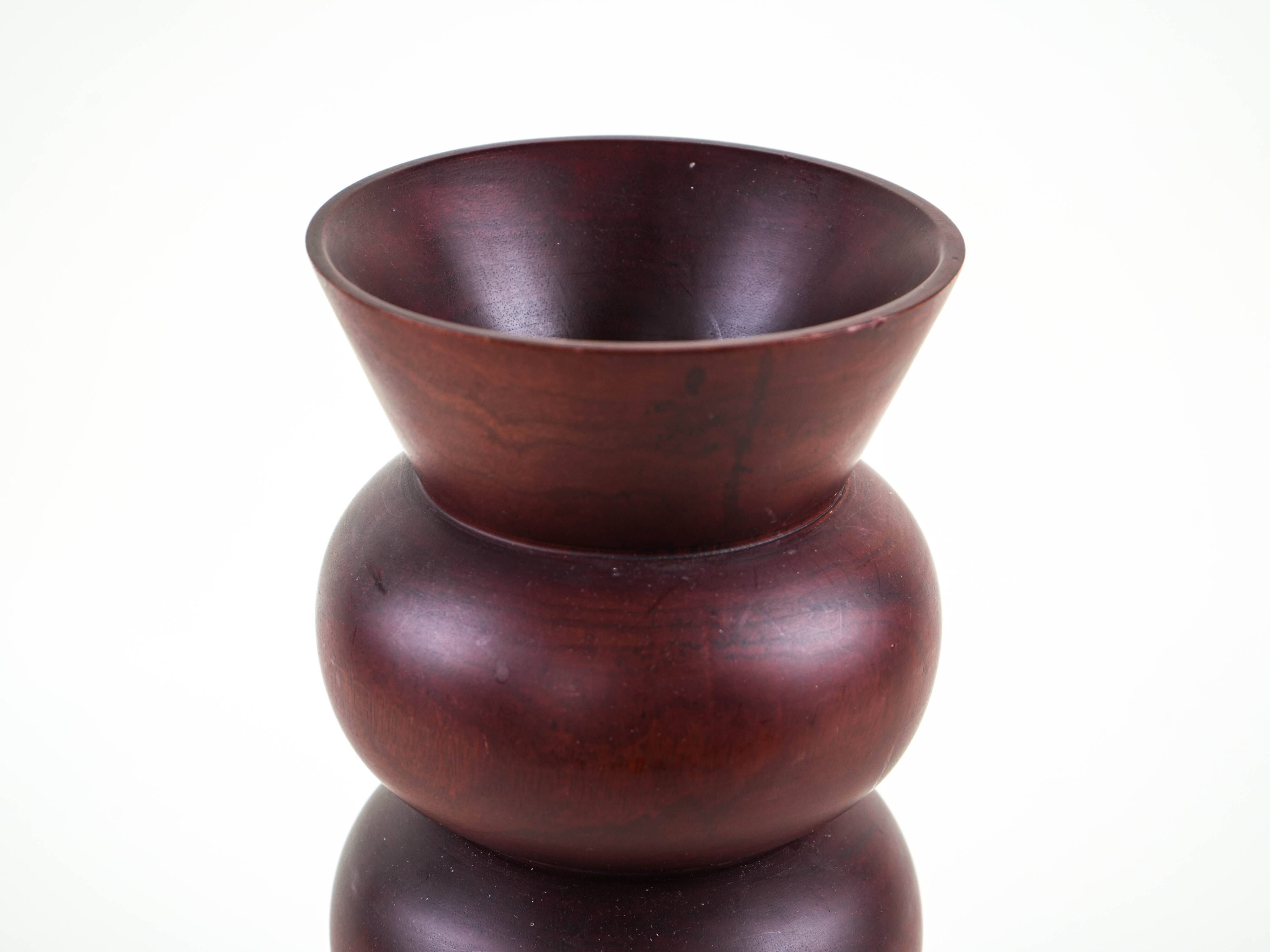 Turned wooden vase in segmented technique, burgundy, Danish, 1970s