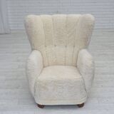 1960s, Danish design, reupholstered highback armchair, genuine sheepskin.