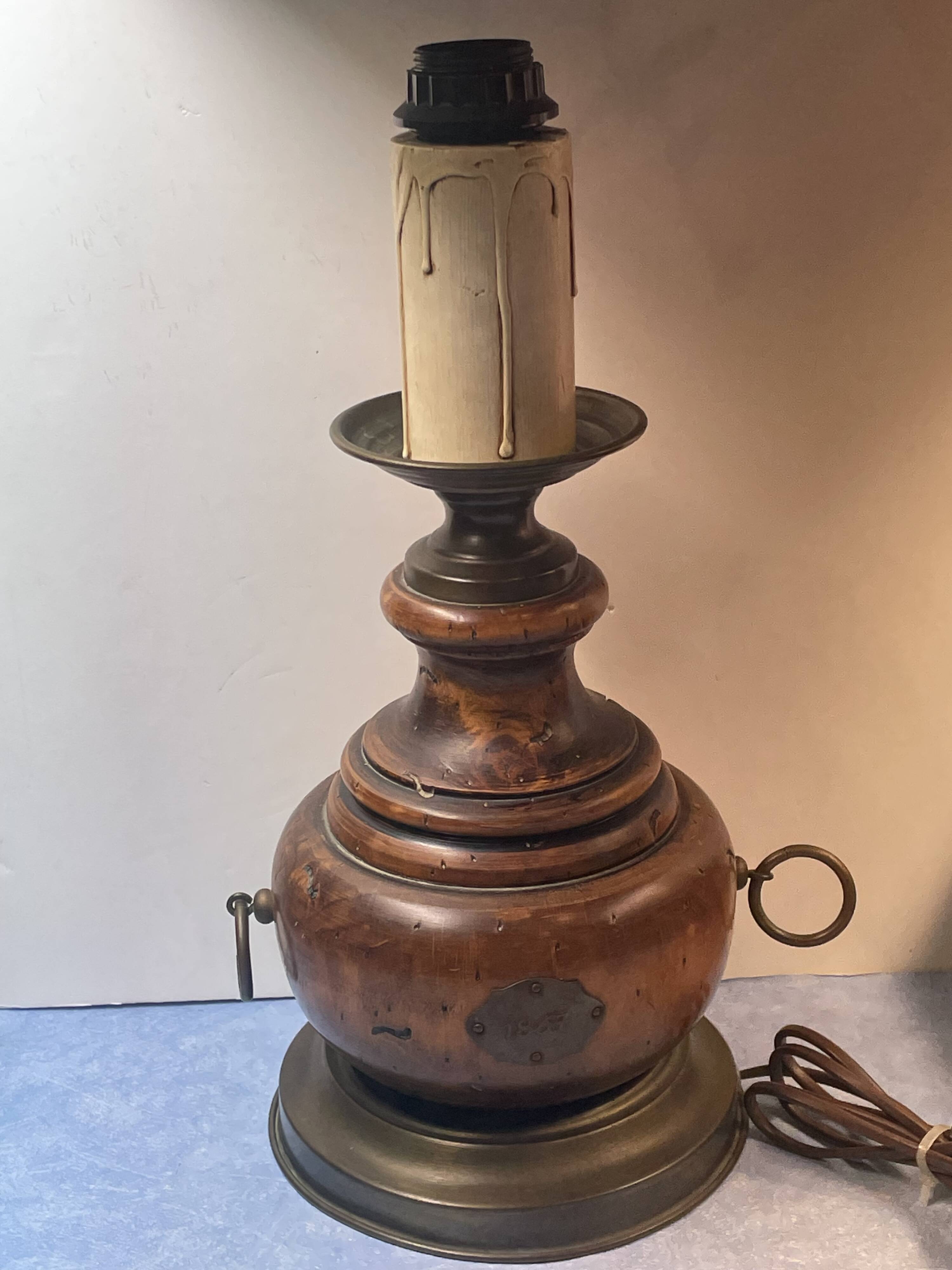 Lamp base baluster shape natural wood, brass, 42 cm socket height