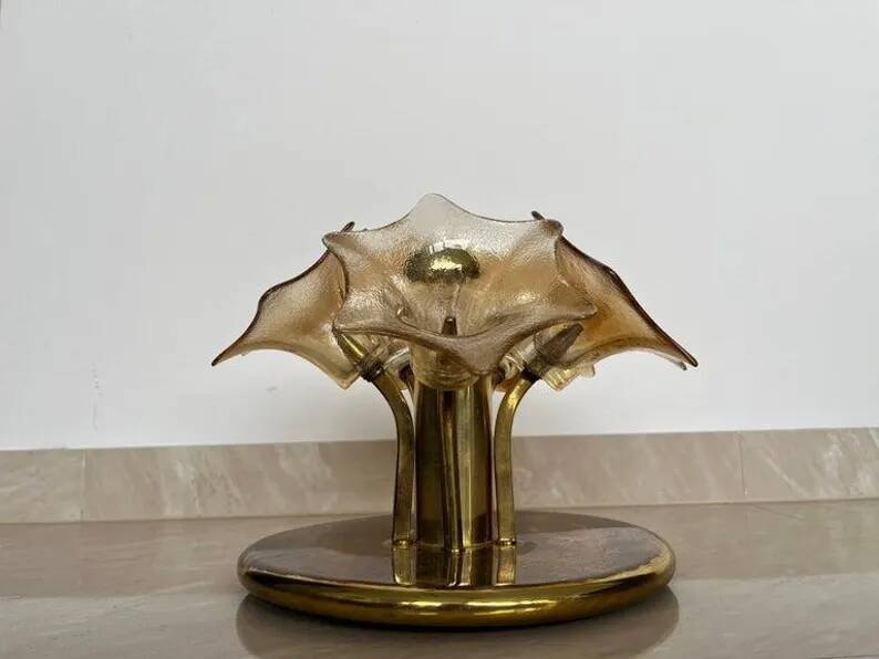 MidCentury Sputnik Flower Ceiling Flush Mount, Amber Murano Glass, Sische, 1960s