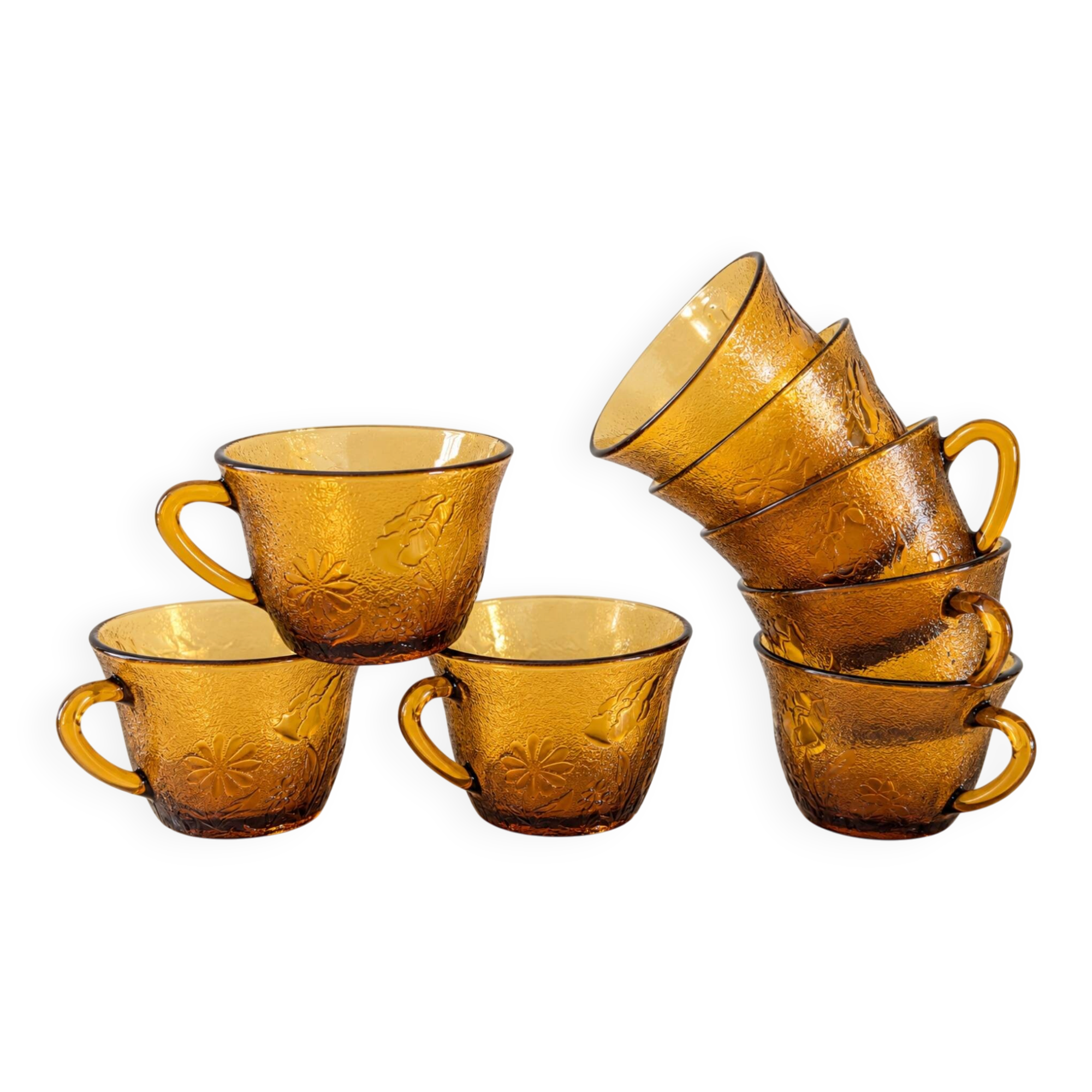 8 Vereco Daisy cups – amber glass – 1970s