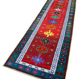 Tapis rouge turc rustique noué à la main 88 cm x 371 cm