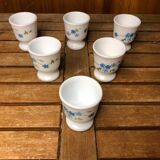 Set of 4 white opaline glass egg cups blue flower decor france vintage #a519