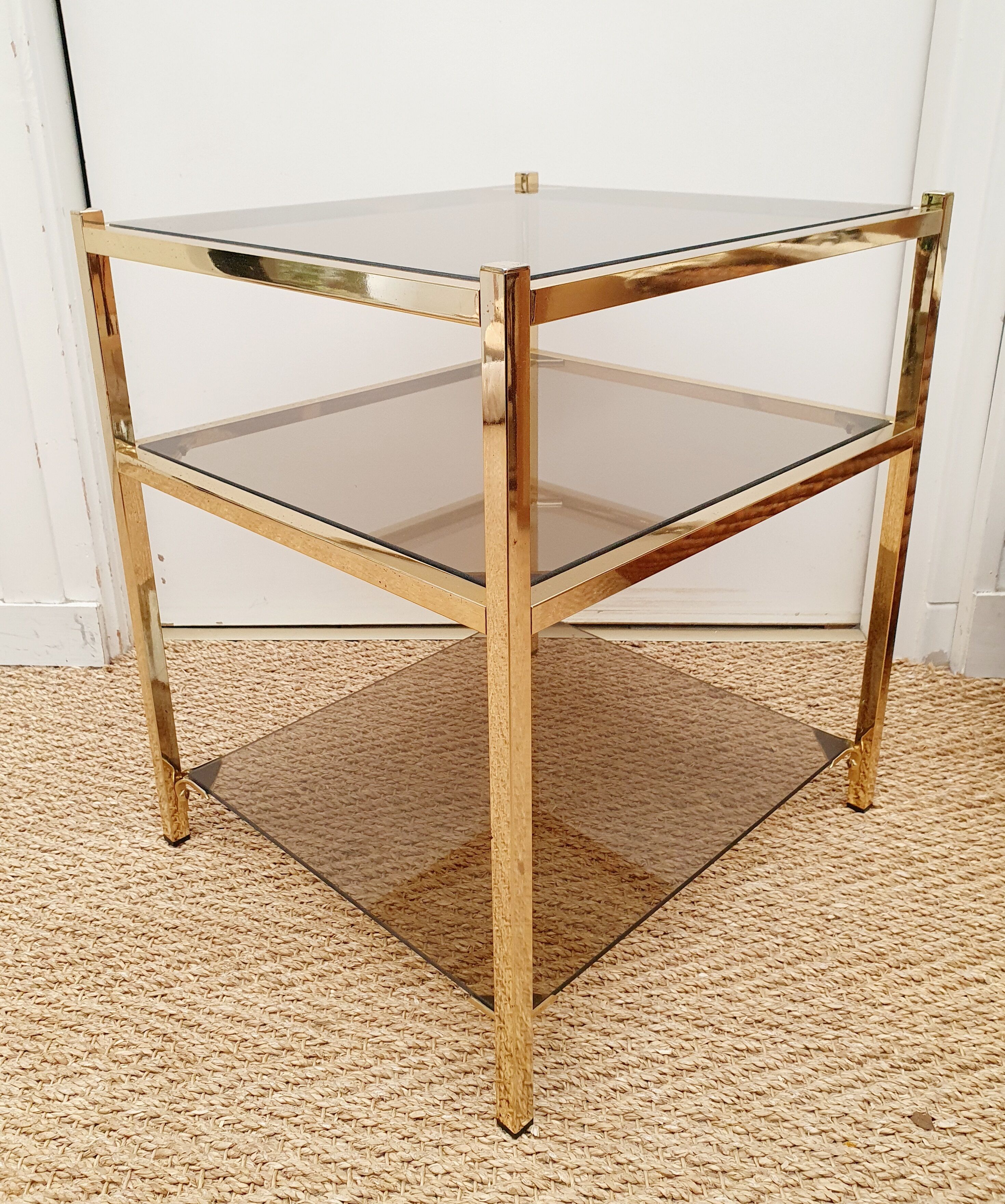 Side table gilded metal and smoked glass